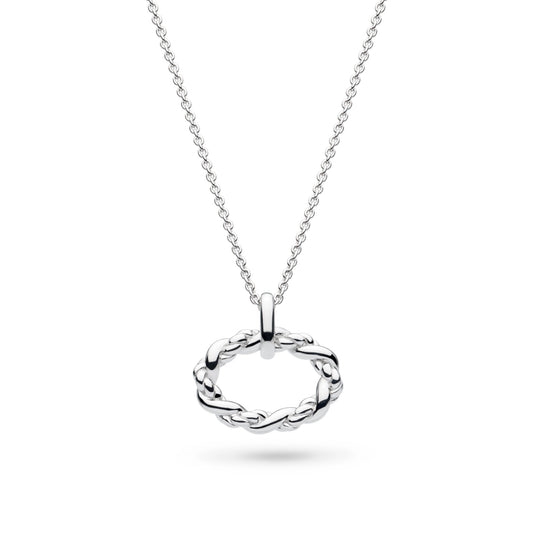 A silver oval pendant in a robe twist design