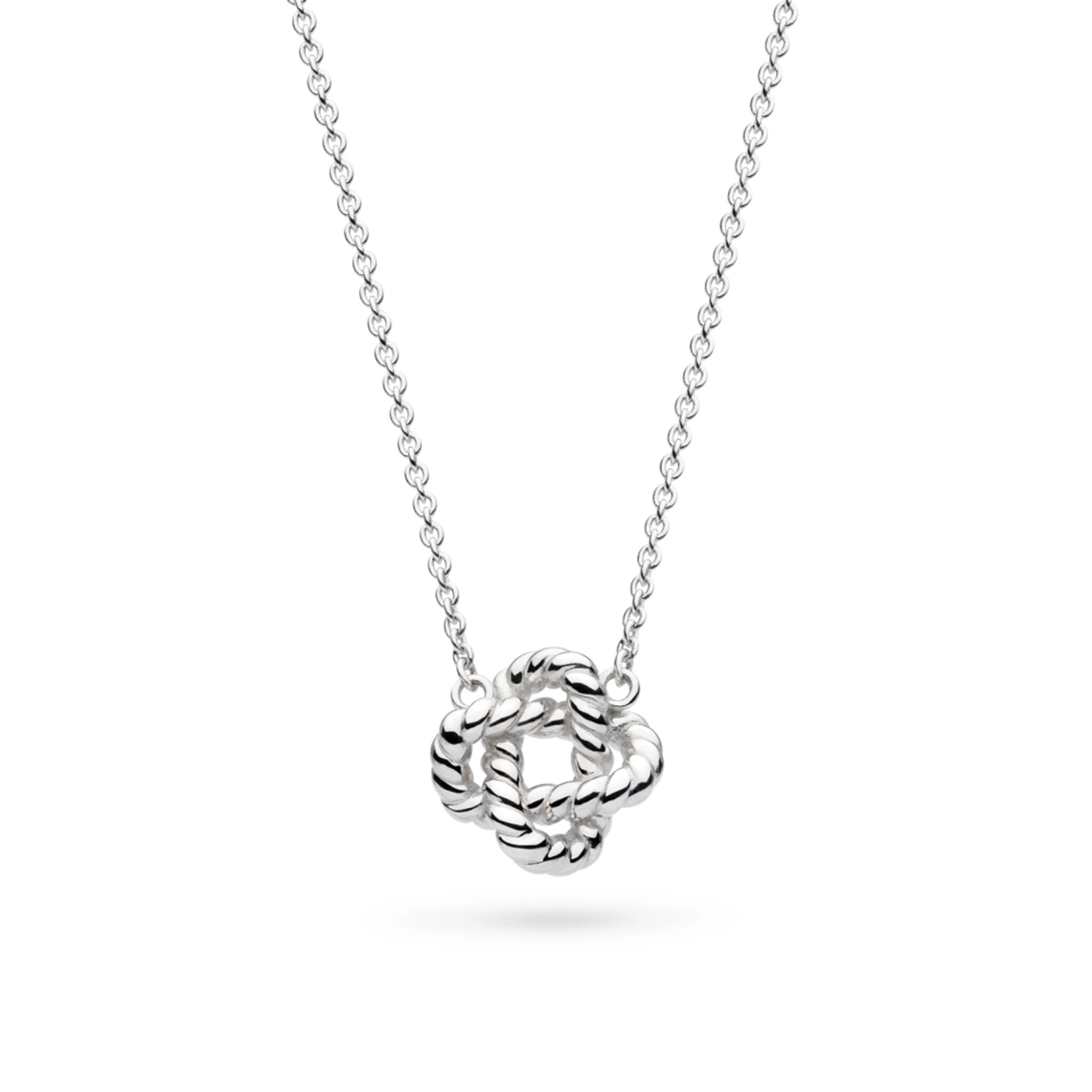 A rope knot necklace made with two interlocking chain links