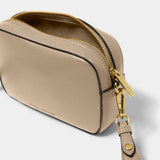 Open taupe cross-body bag with contrast wax piping in black and a gold zip