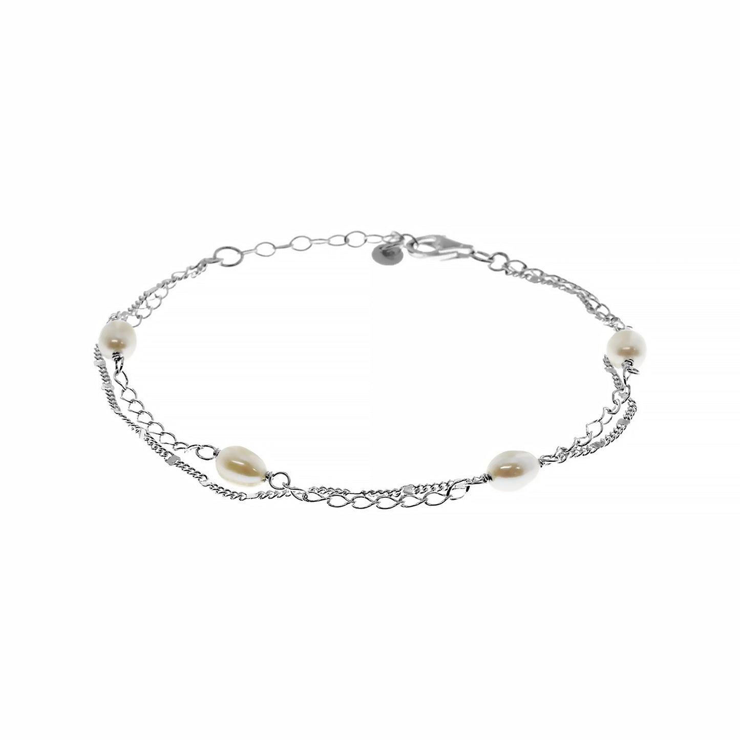 A siler bracelet with two chains and white pearl beads