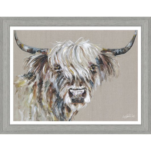 A framed print with textured canvas background and a Highland cow