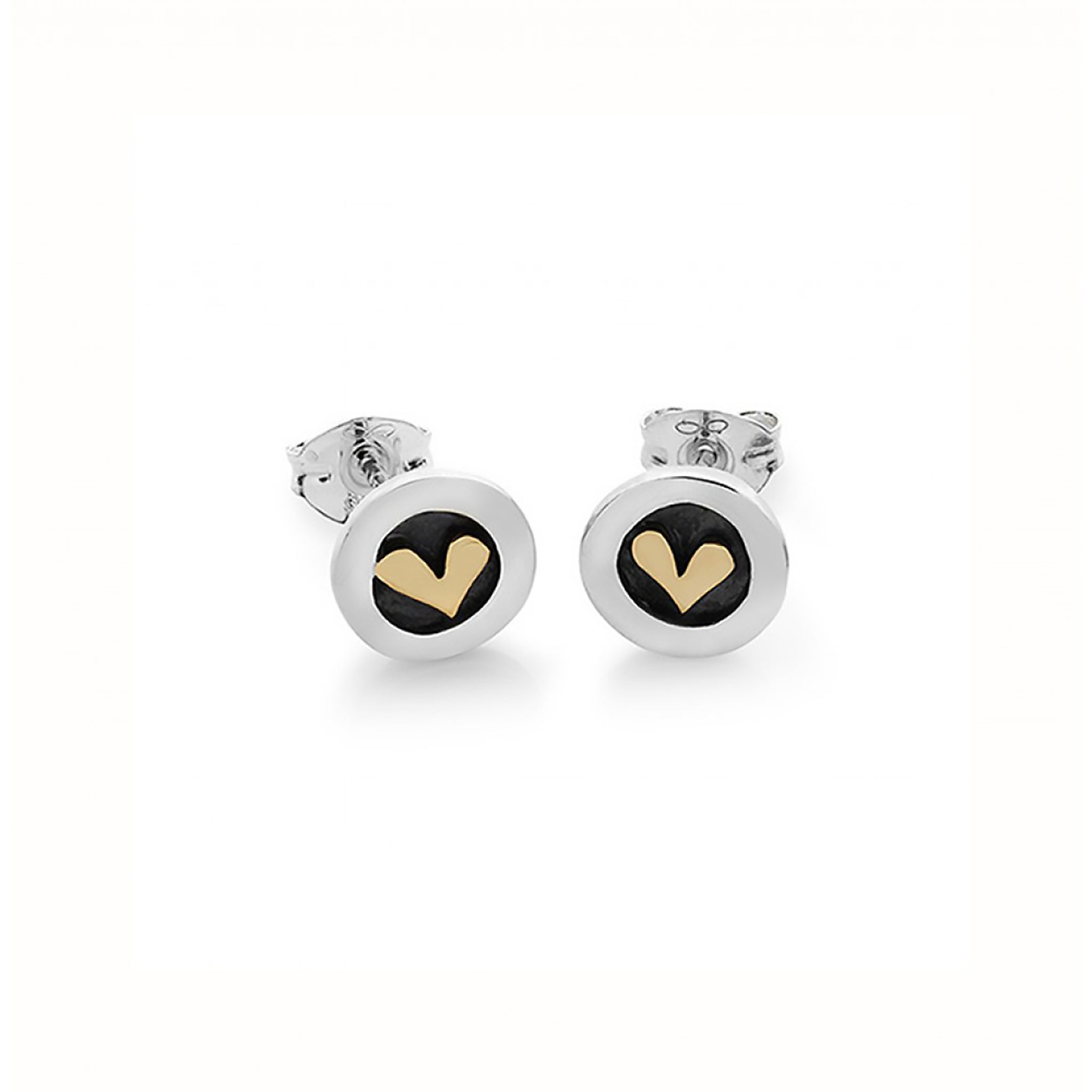 Simple round shaped earrings with oxidisation and gold heart centres on stud fittings