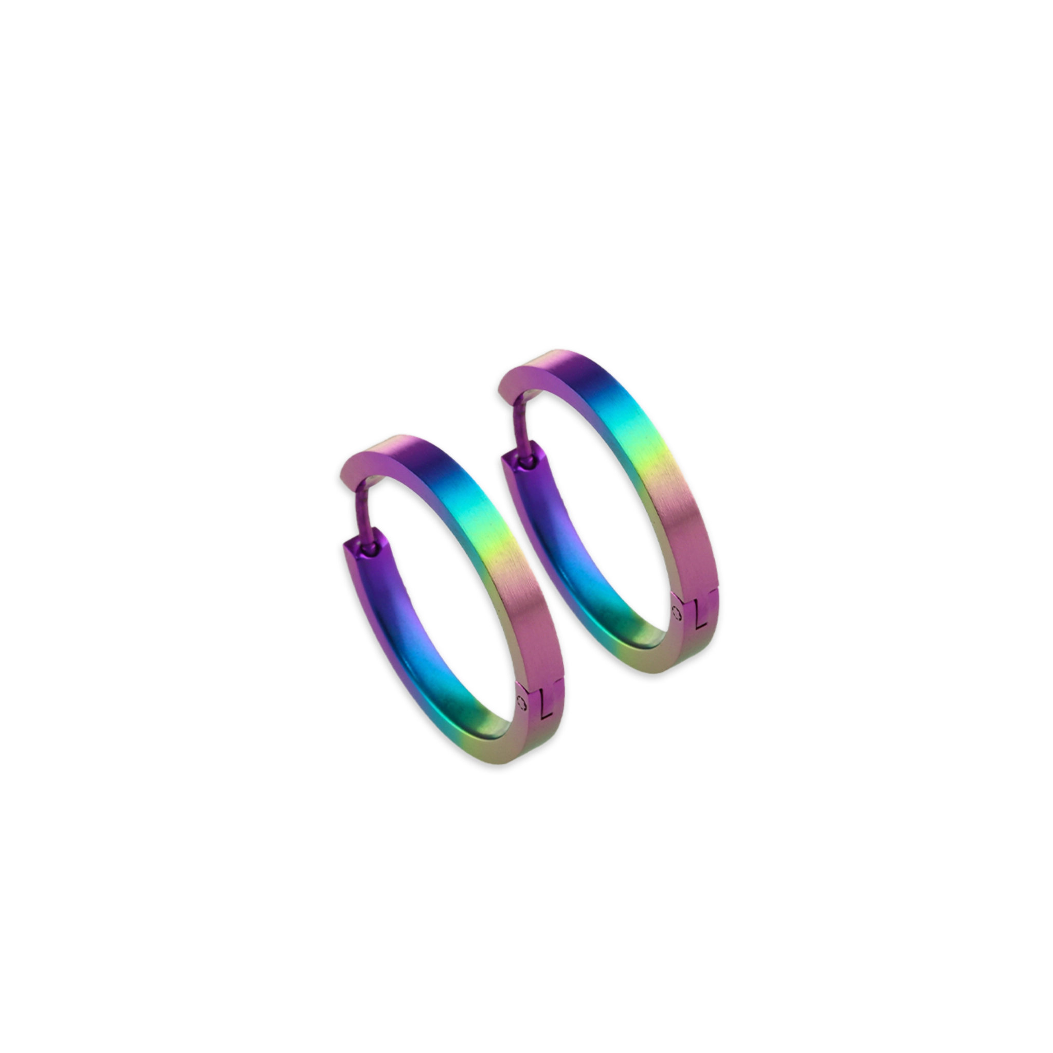 A pair of flat hoop earrings in a rainbow ombre colour