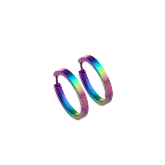 A pair of flat hoop earrings in a rainbow ombre colour