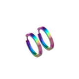 A pair of flat hoop earrings in a rainbow ombre colour