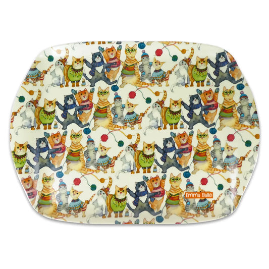 A large rectangular tray featuring an illustration of cats in winter clothing and knitting