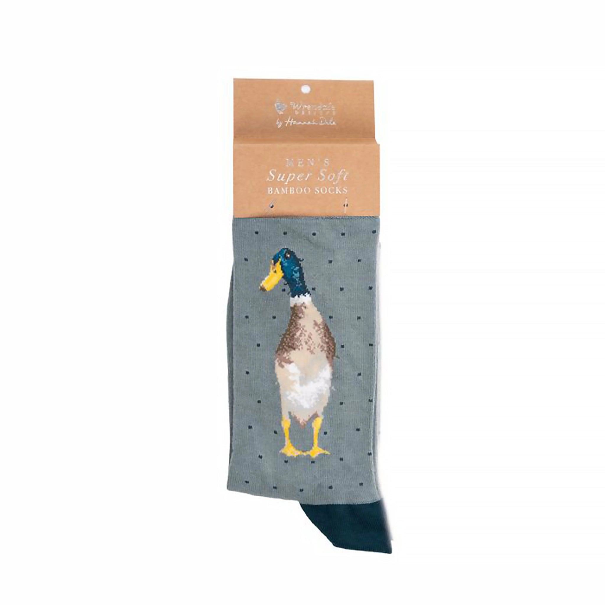 A folded pair of grey socks with black heels and a guard duck