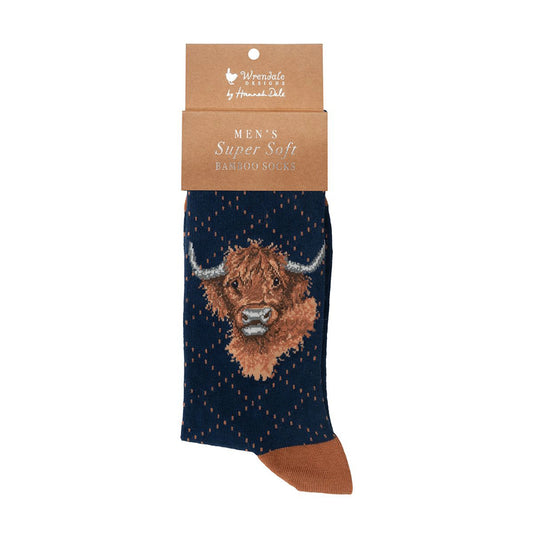 Highland cow navy blue socks with contrasting brown heel and toe
