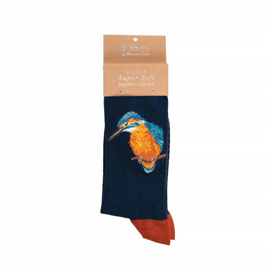 A folded pair of navy socks with orange heels and a kingfisher bird