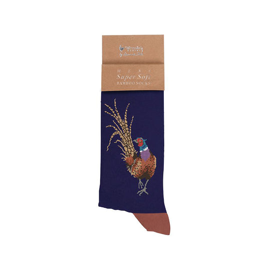 A folded pair of navy blue socks with burnt orange heels and stipes with a pheasant picture