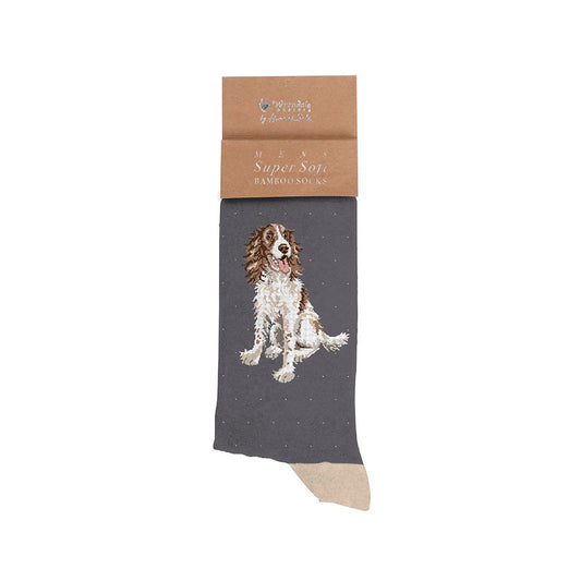 A folded pair of grey socks with beige heels and polka dots with a spaniel dog picture