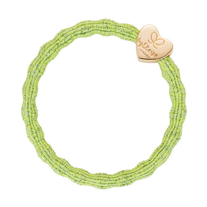 Metallic apple green coloured bubble shaped hair tie with gold heart charm