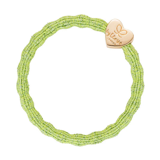 Metallic apple green coloured bubble shaped hair tie with gold heart charm