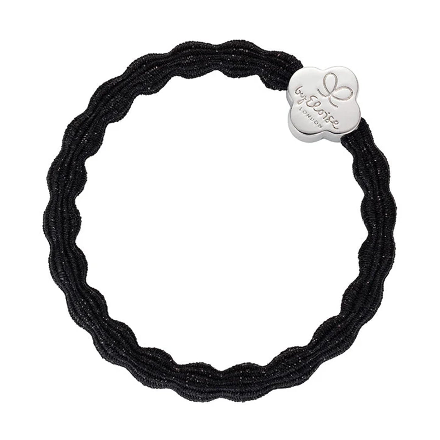 Metallic black coloured bubble shaped hair tie with silver quatrefoil charm
