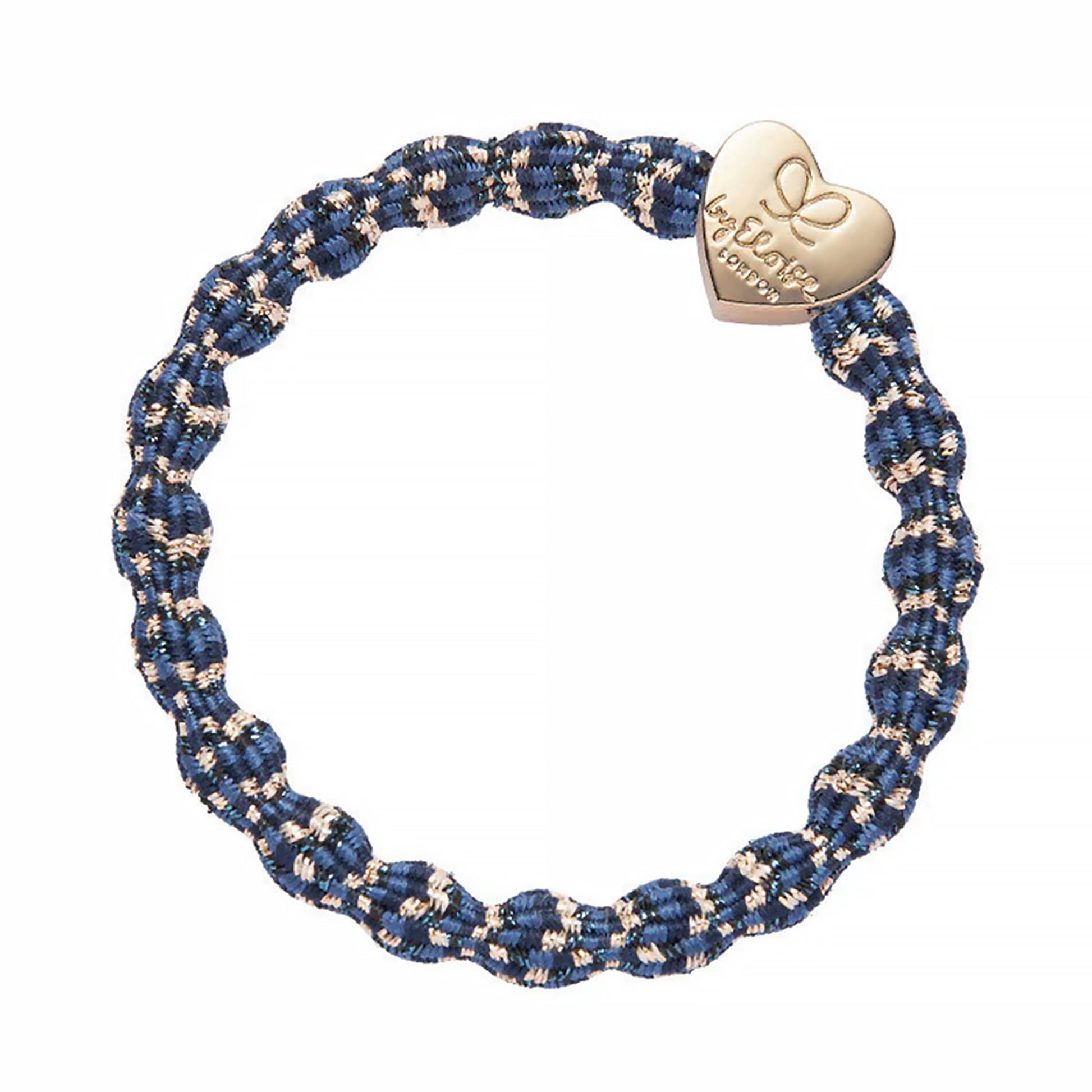 Elastic bubble hair band in metallic blue, gold with gold heart charm