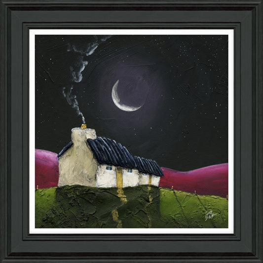 A framed print with cottages on the hill with cherry pink hills 