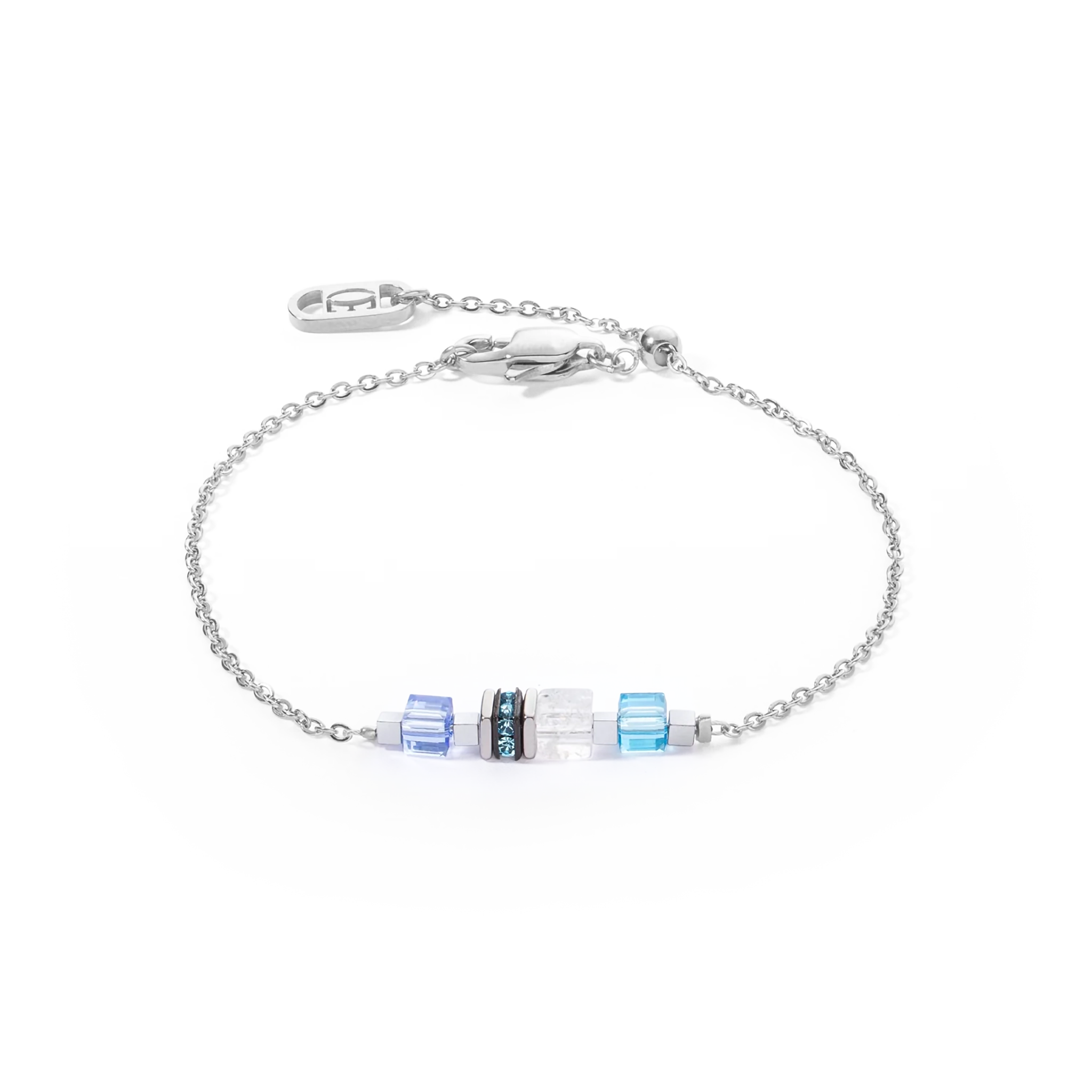 A silver chain bracelet with blue cube shaped stones