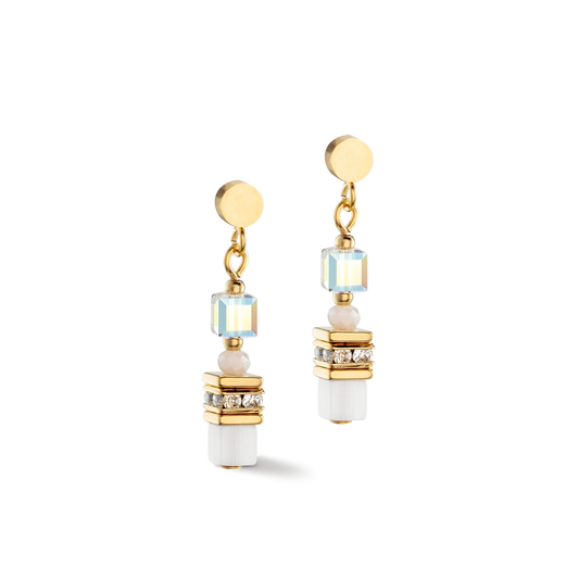 Drop earrings with white and gold mini cube shaped stones and cut glass beads