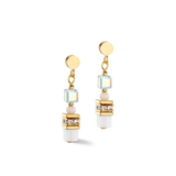 Drop earrings with white and gold mini cube shaped stones and cut glass beads