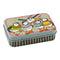 A mini hinged lidded tin covered in illustrations of puffin birds in woolly jumpers