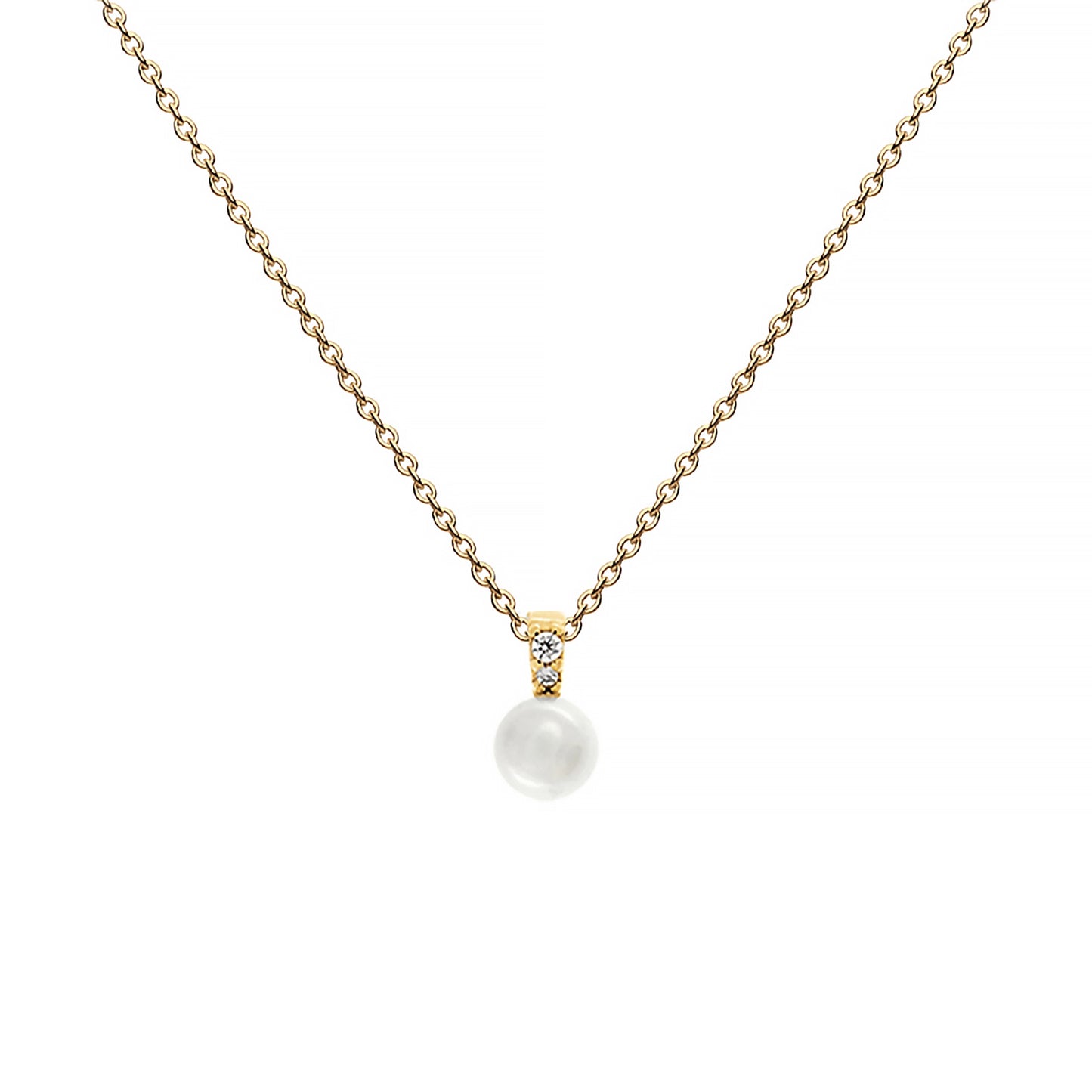 A gold plated pearl pendant with a solitaire CZ stone on a gold chain