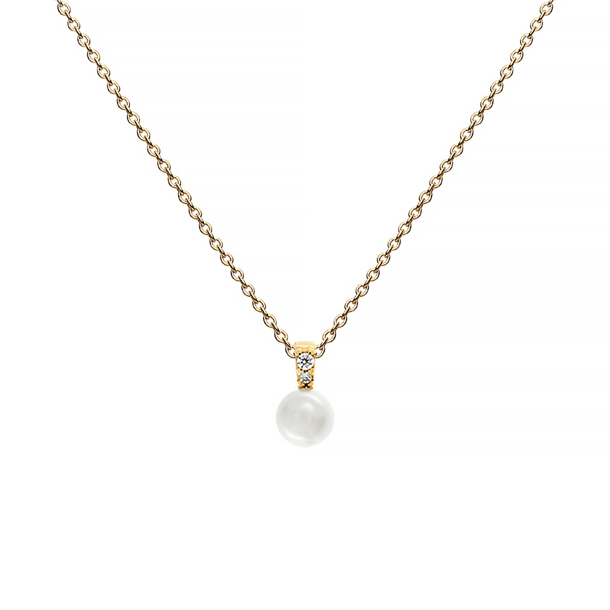 A gold plated pearl pendant with a solitaire CZ stone on a gold chain