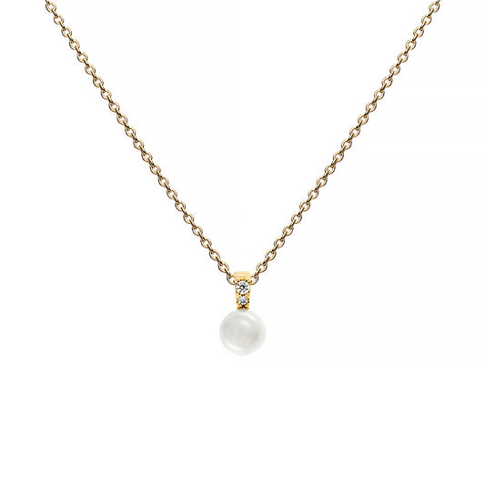 A gold plated pearl pendant with a solitaire CZ stone on a gold chain