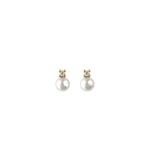 Pair of gold plated pearl earrings with a solitaire CZ stone 