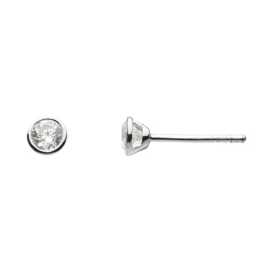 A pair of faceted round white CZ stone stud earrings with silver surrounds