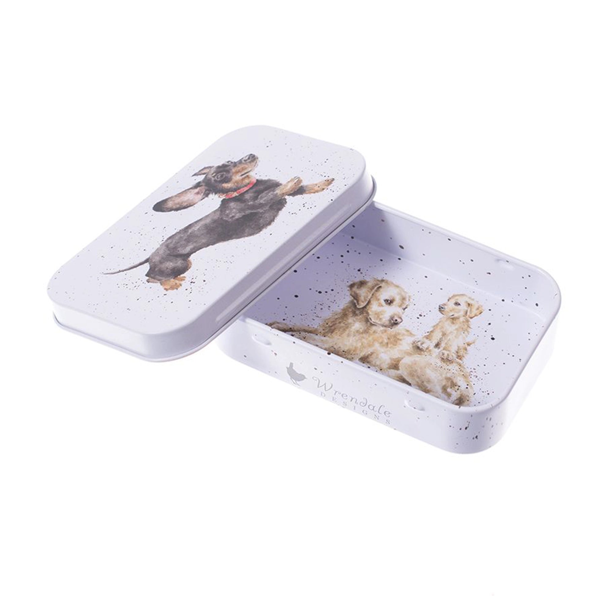 Mini tin fully illustrated with artwork of dogs by Hannah Dale