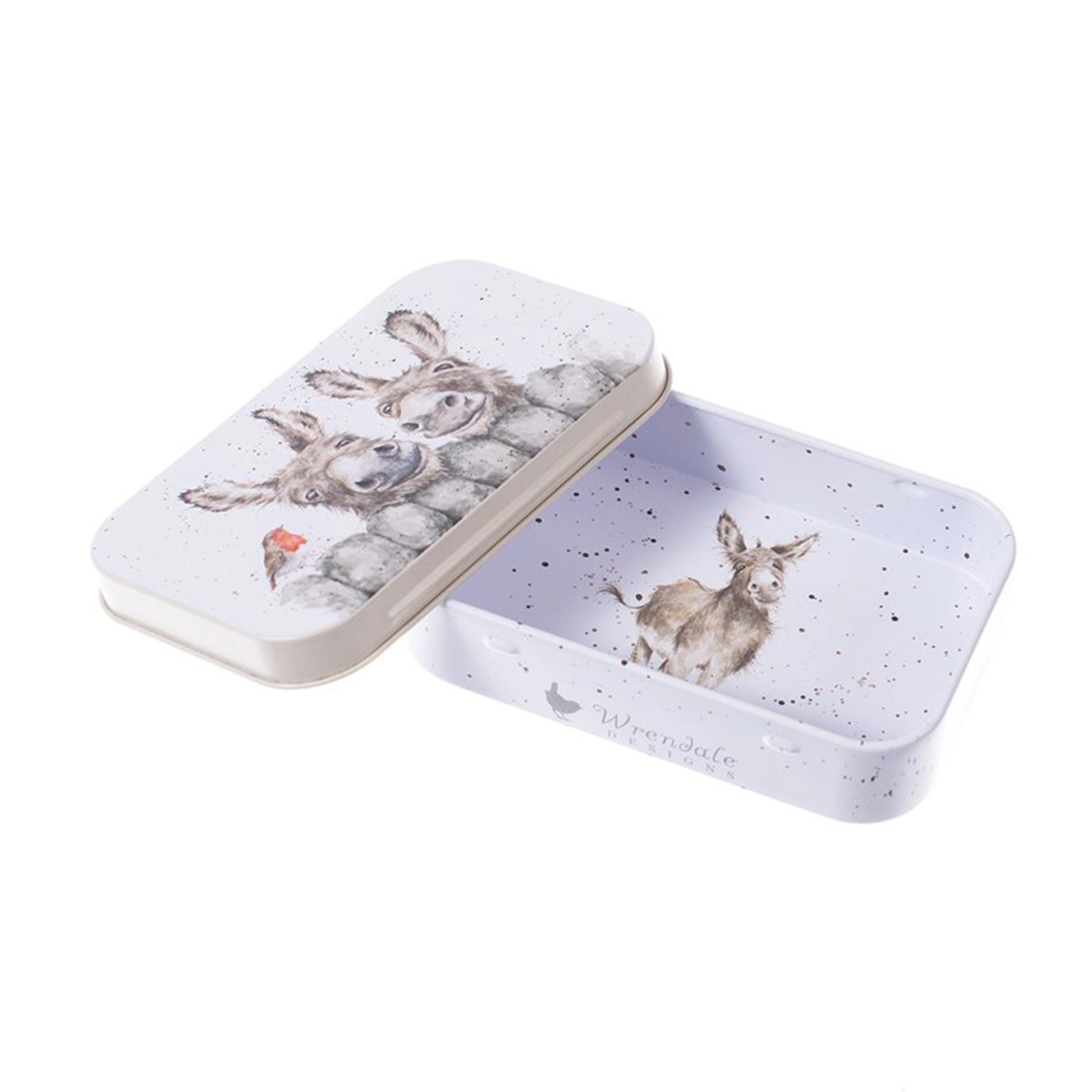 Mini tin fully illustrated with artwork of donkeys by Hannah Dale