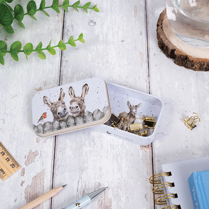 Mini tin fully illustrated with artwork of donkeys by Hannah Dale lifestyle