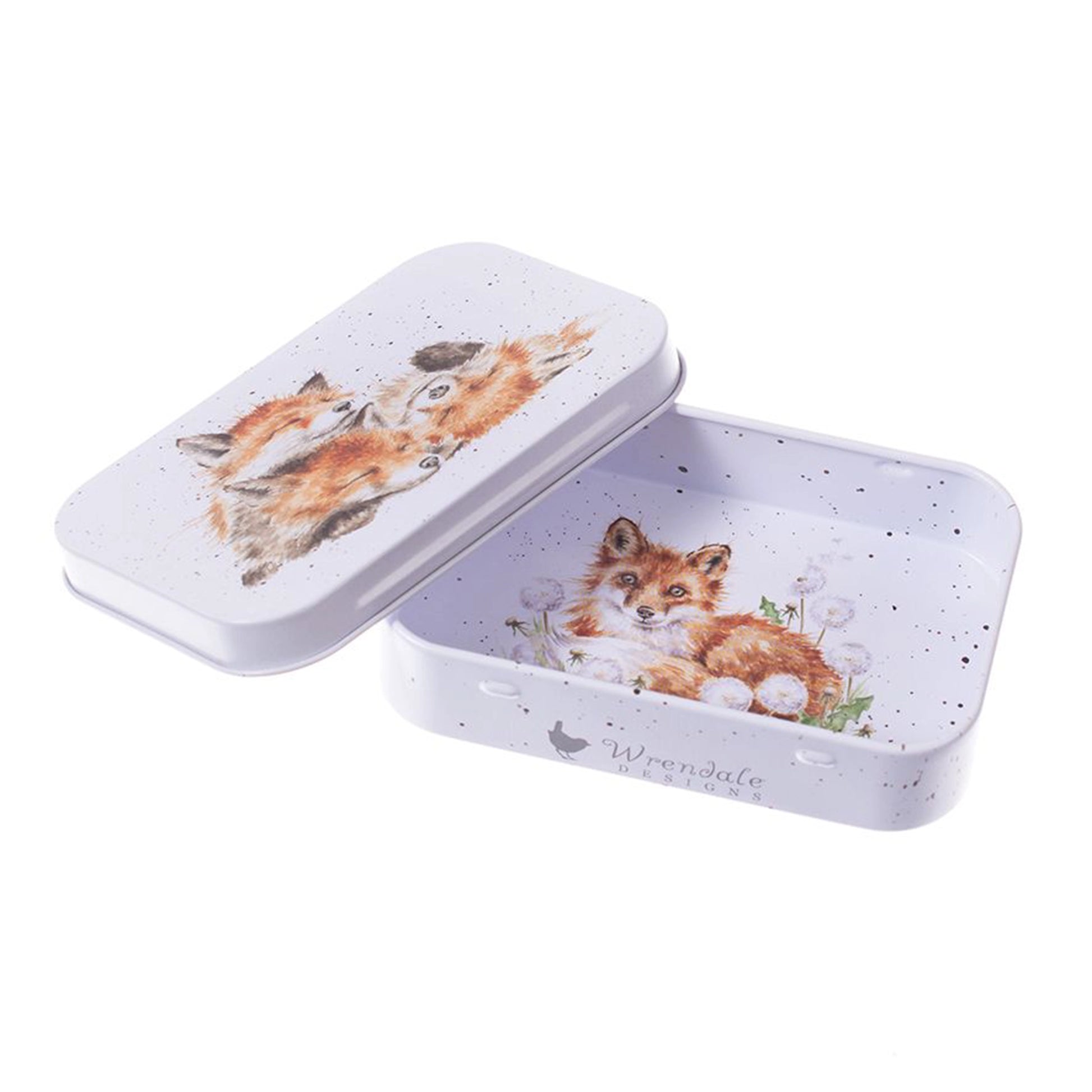 Mini tin fully illustrated with artwork of foxes by Hannah Dale