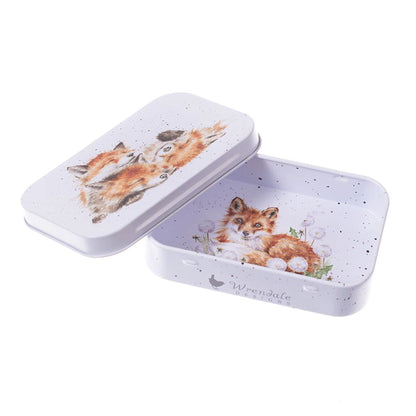 Mini tin fully illustrated with artwork of foxes by Hannah Dale