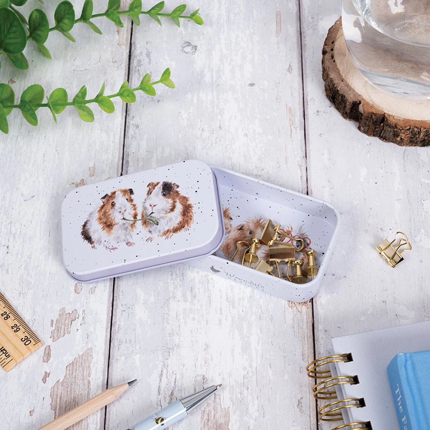 Mini tin fully illustrated with artwork of guinea pigs by Hannah Dale lifestyle