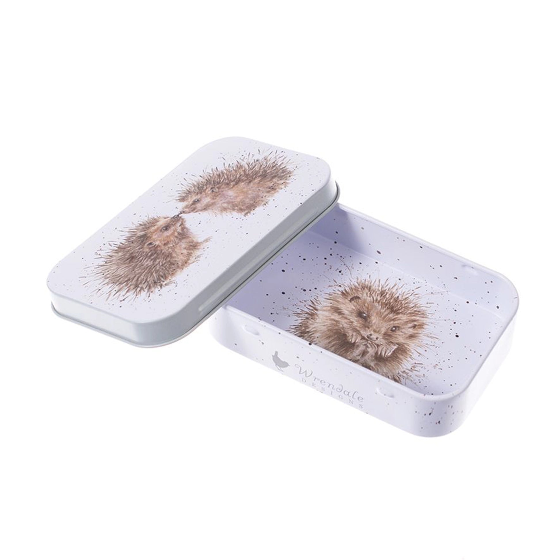 Mini tin fully illustrated with artwork of hedgehogs by Hannah Dale