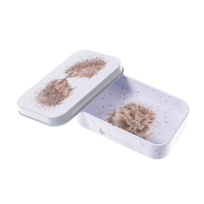 Mini tin fully illustrated with artwork of hedgehogs by Hannah Dale