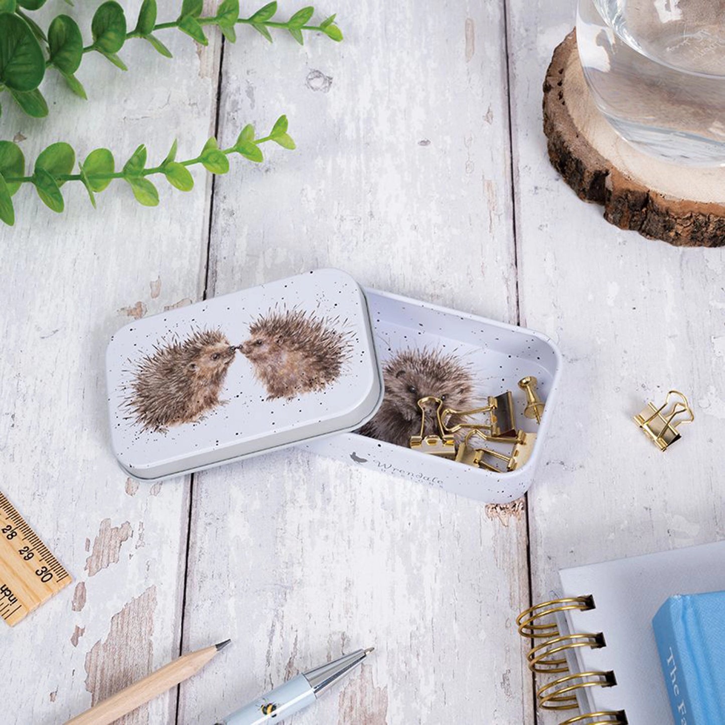 Mini tin fully illustrated with artwork of hedgehogs by Hannah Dale lifestyle