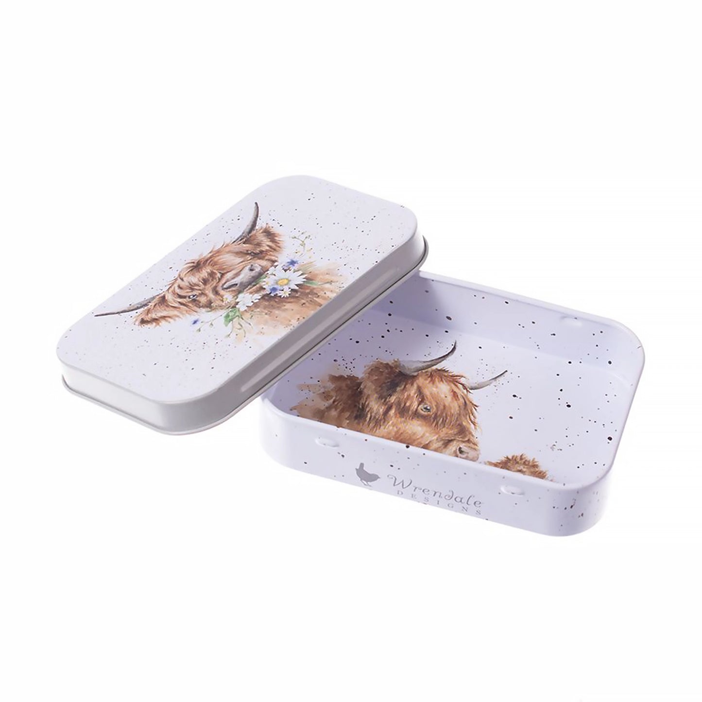 Mini tin fully illustrated with artwork of Highland cows by Hannah Dale