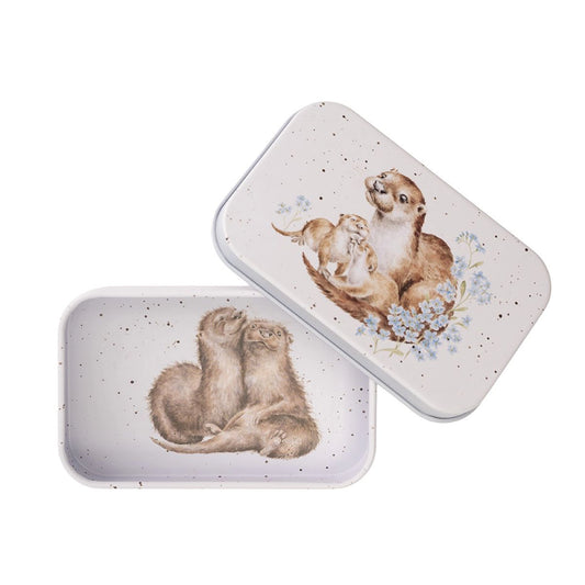 Mini tin fully illustrated with artwork of otters by Hannah Dale