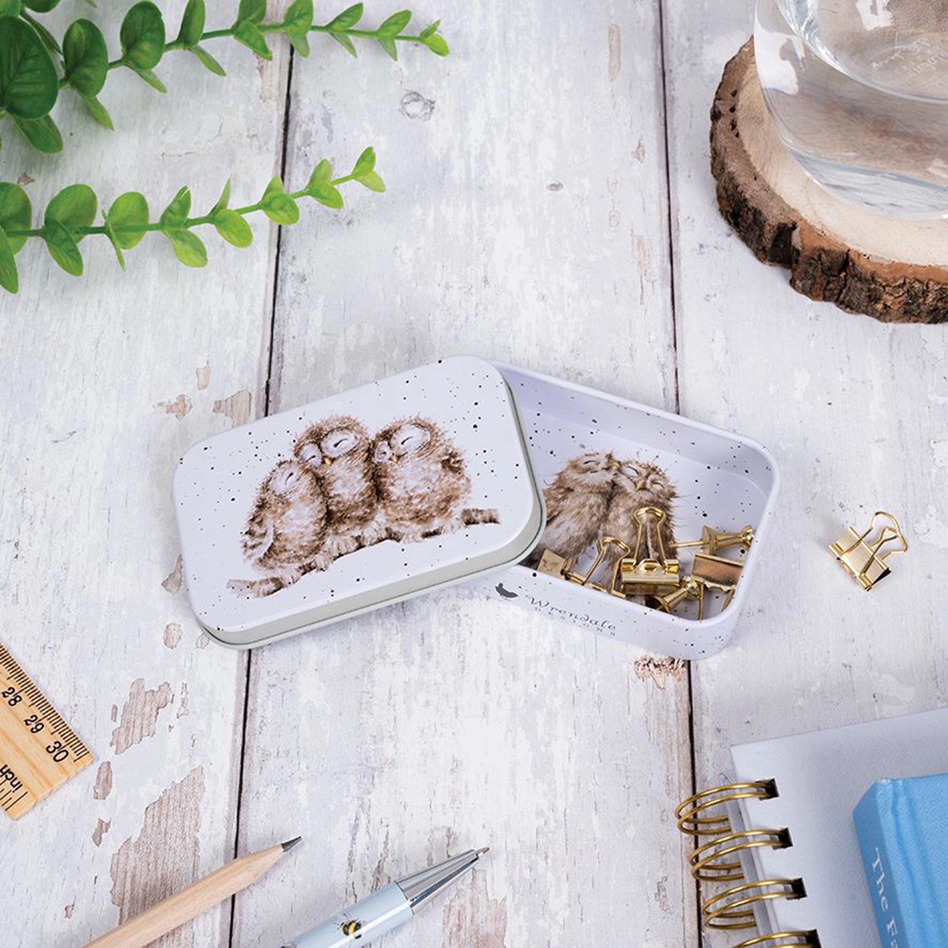 Mini tin fully illustrated with artwork of owls by Hannah Dale lifestyle