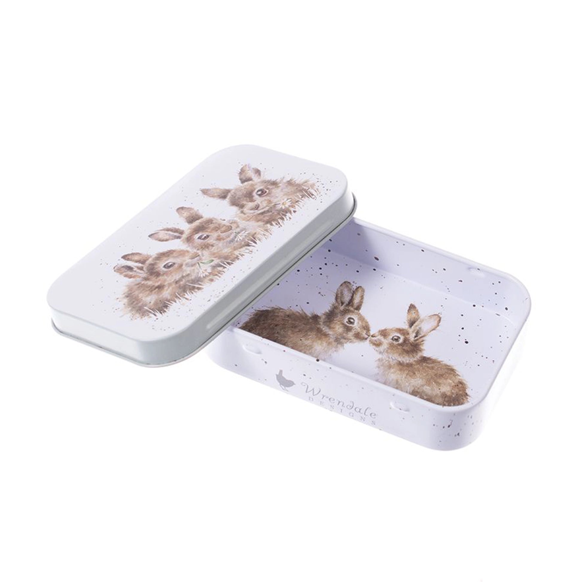 Mini tin fully illustrated with artwork of rabbits by Hannah Dale