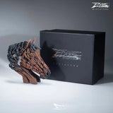 A textured and painted bay horse head bust sculpture with box