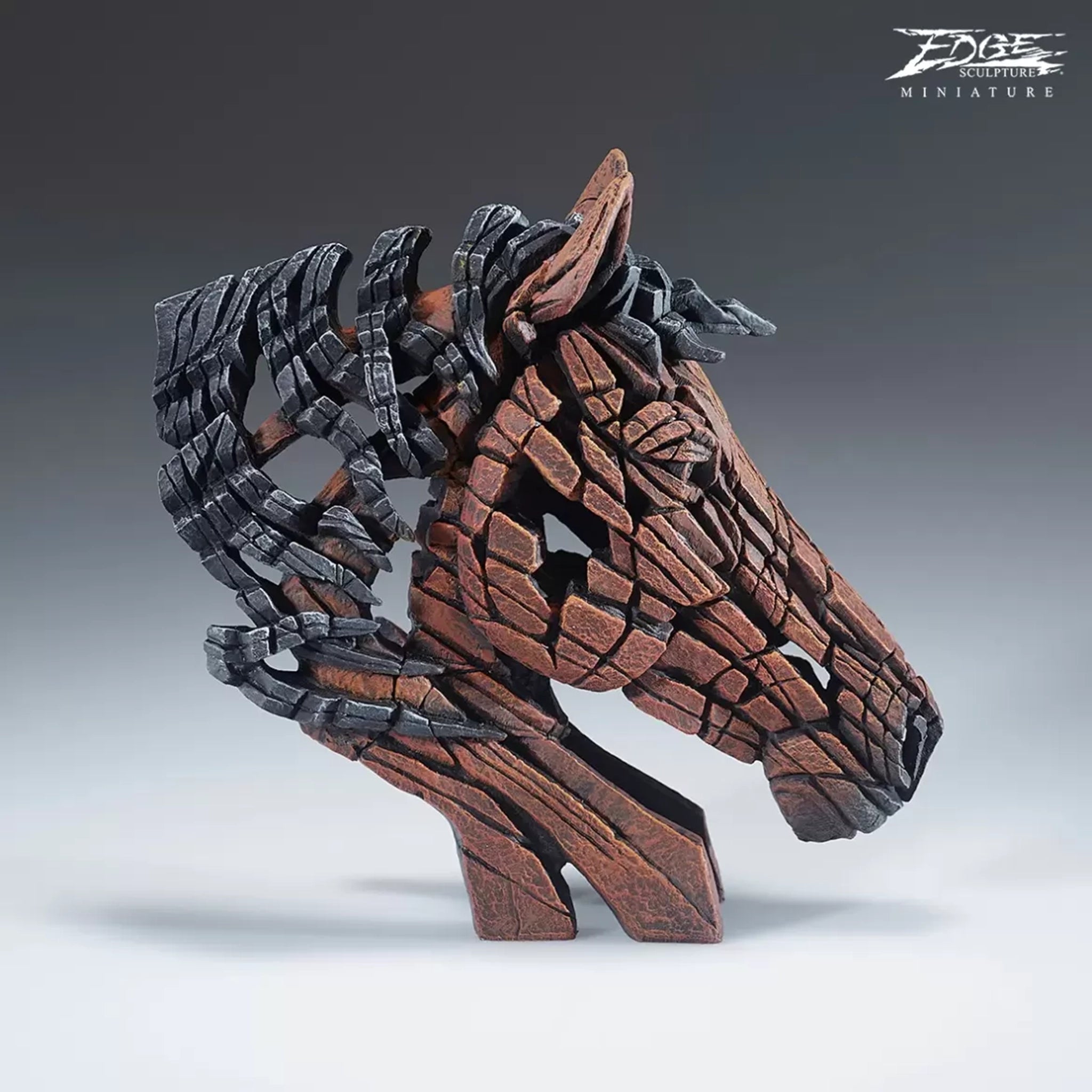 A textured and painted bay horse head bust sculpture from side