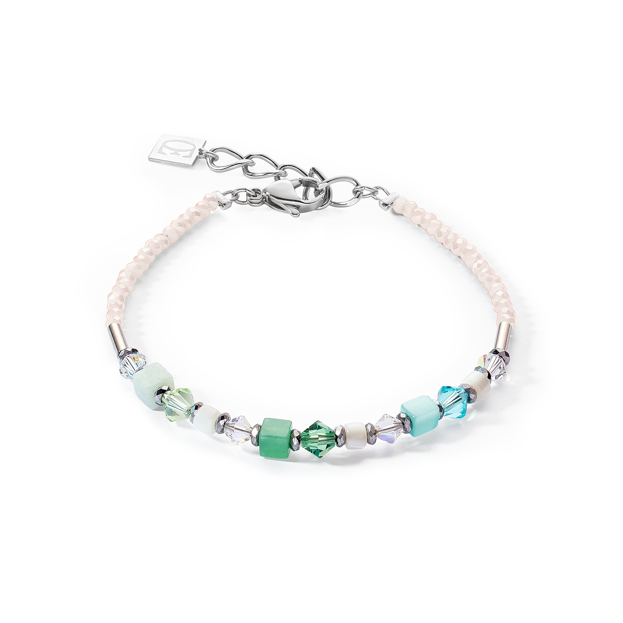 A bracelet featuring white, green and blue cut glass beads and tiny cube stones