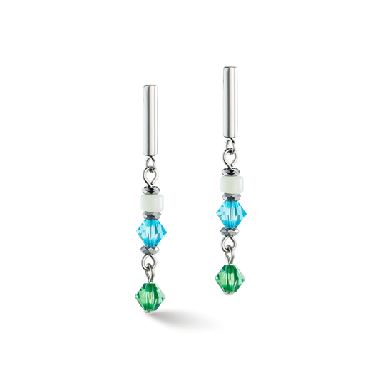 A pair of drop earrings featuring stainless steel with blue and green cut glass beads