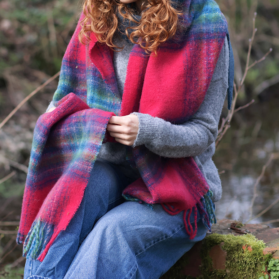 Miranda Check Scarf | Blue, Green & Raspberry