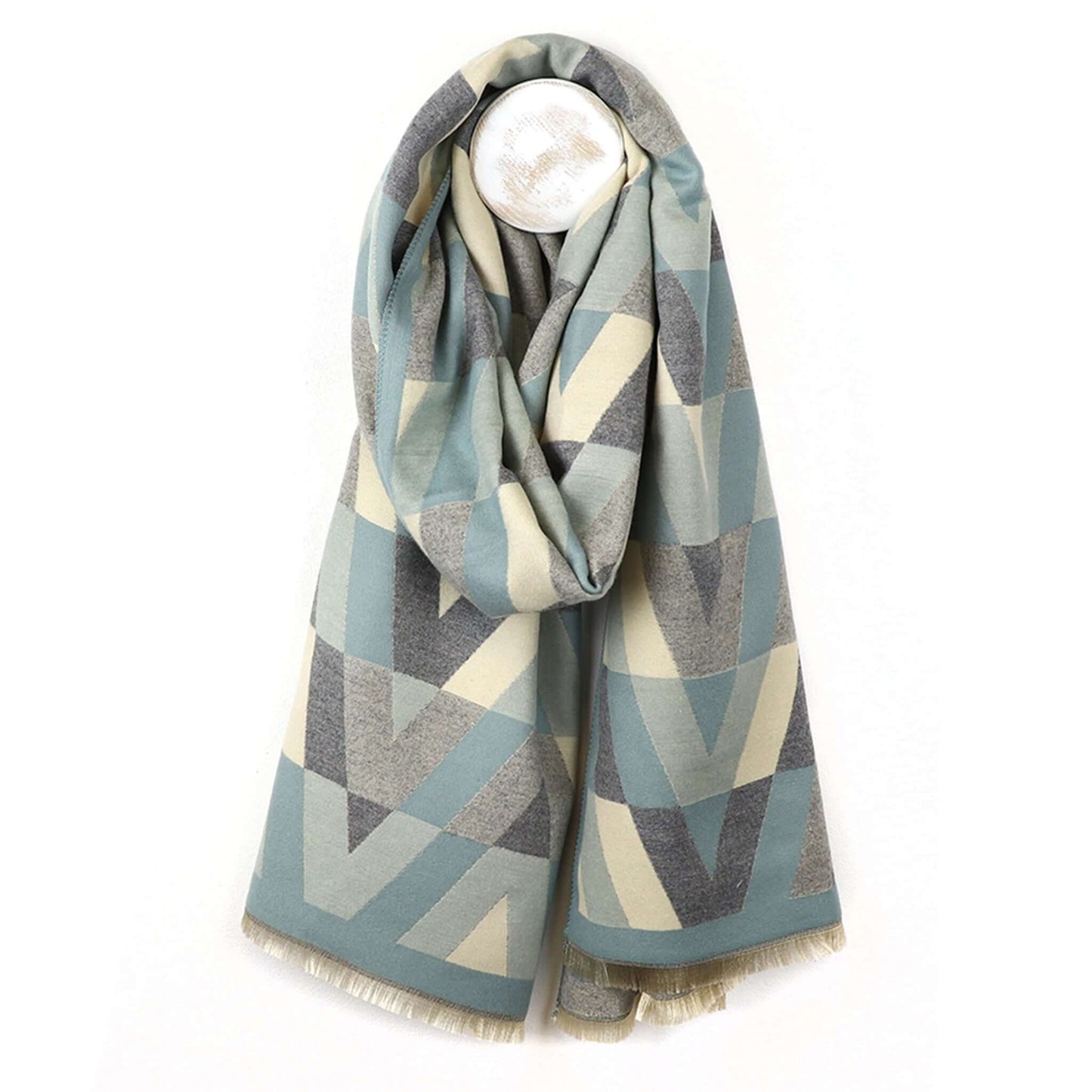 Geometric chevron pattern scarf in blue, cream and grey