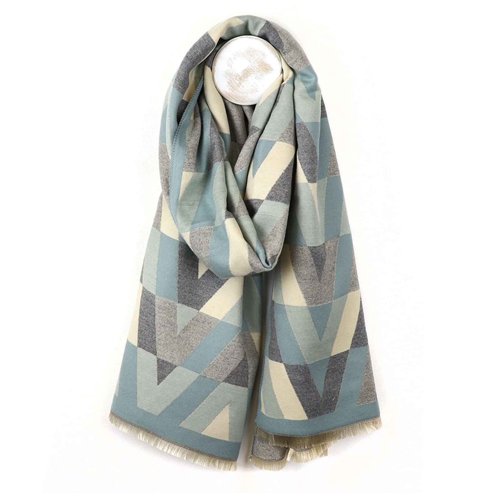 Geometric chevron pattern scarf in blue, cream and grey