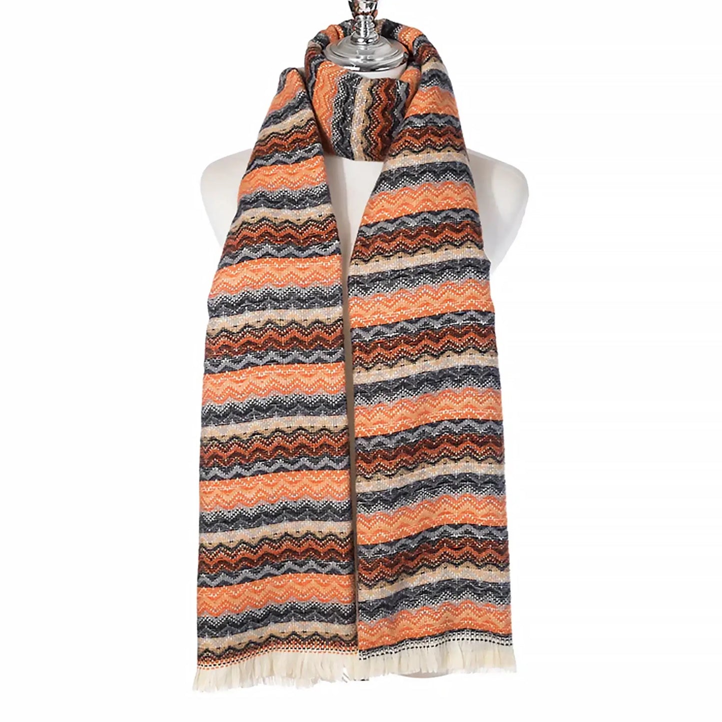 A zigzag patterned striped scarf with brown and orange colours